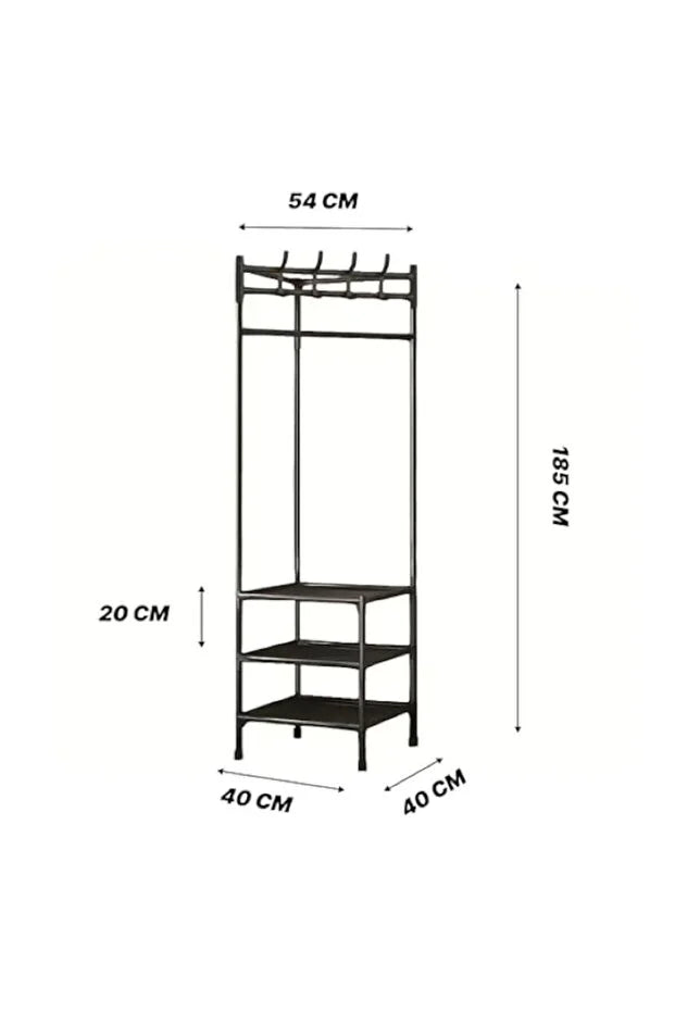 Suport de colț pentru haine 3 rafturi & 4 cârlige duble – organizator baie/dressing negru, TL34