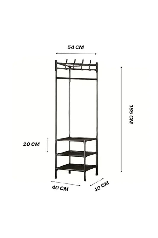 Suport de colț pentru haine 3 rafturi & 4 cârlige duble – organizator baie/dressing negru, TL34
