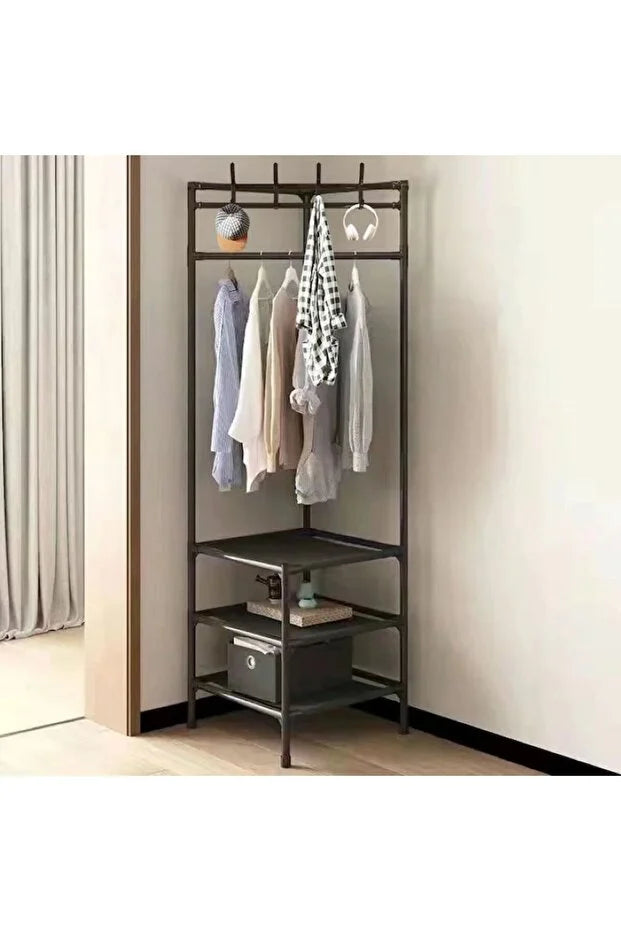 Suport de colț pentru haine 3 rafturi & 4 cârlige duble – organizator baie/dressing negru, TL34