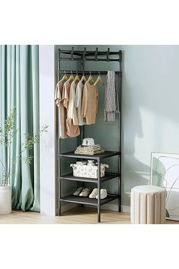 Suport de colț pentru haine 3 rafturi & 4 cârlige duble – organizator baie/dressing negru, TL34