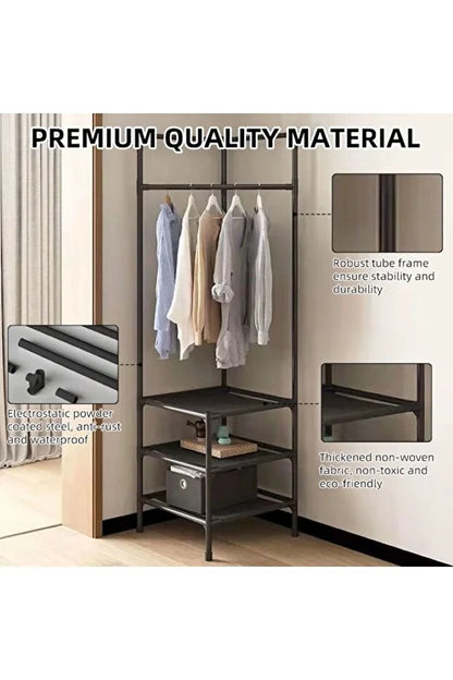 Suport de colț pentru haine 3 rafturi & 4 cârlige duble – organizator baie/dressing negru, TL34