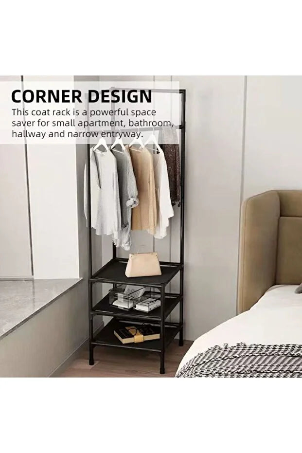 Suport de colț pentru haine 3 rafturi & 4 cârlige duble – organizator baie/dressing negru, TL34