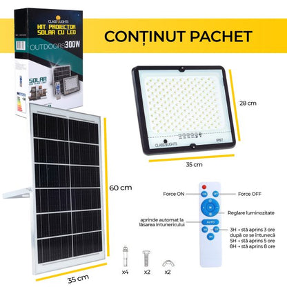 Proiector Solar LED 300W IP67 cu Panou – Iluminare Puternică Exterior, Fără Curent, TL17